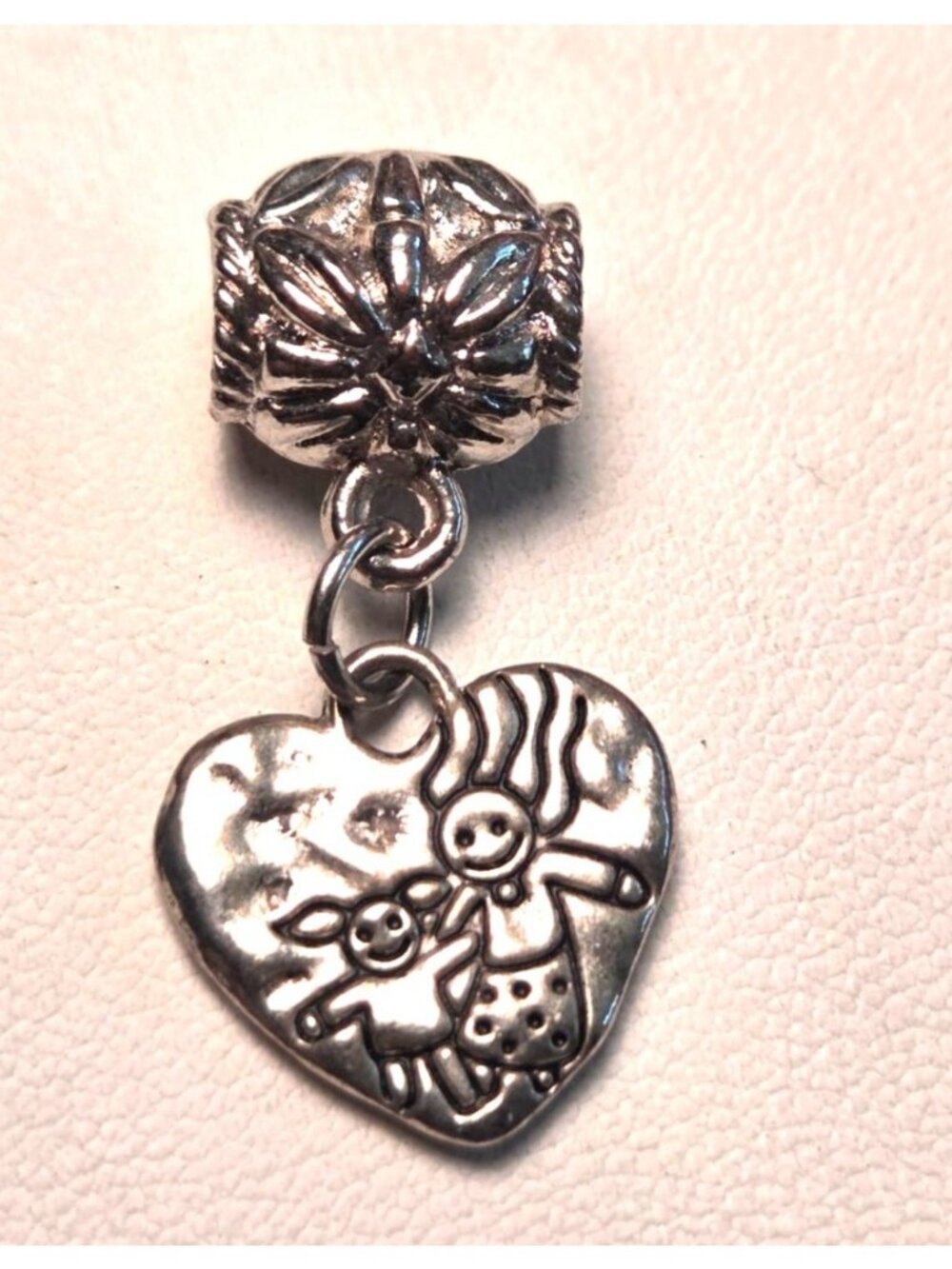 Silver Tone Heart Charm With Childrens Design For Bracelets Or Necklaces